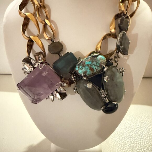 VINTAGE IRADJ MOINI AMETHYST LABRADORITE TURQUOISE NECKLACE BUG BROOCH - Picture 3 of 9